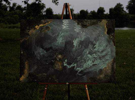 This one of a kind acrylic and plaster art piece is about surrender and transformation. Not just slightly dipping your toes in, but letting go and letting the current take you. Into the warmth of stillness... and the depth of darkness.&nbsp;
It's about the moments that pull you under, the ones that change you when you resurface.&nbsp;