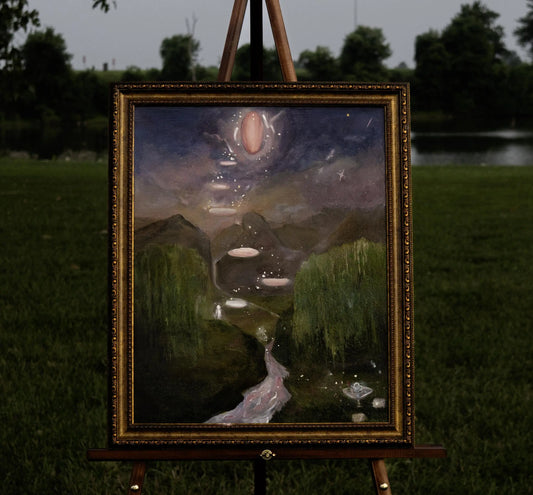 Surreal landscape featuring a lush green valley flanked by drooping willow trees, leading to distant mountains under a cosmic sky. Pink, glowing pools float upward into the clouds, culminating in a large luminous orb. A small white figure stands near the base, adding a sense of scale and mystery.