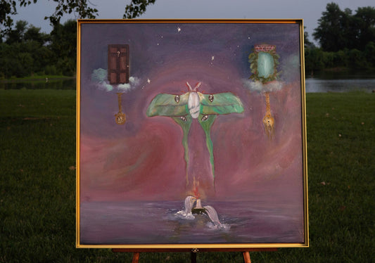 In this dreamlike scene a luminous luna moth hovers in the night sky its wings marked with human-like eyes that see everything. A reminder that choices are always before us but time is never endless.