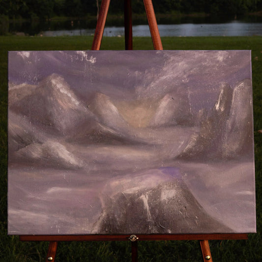 Mountains rise and fade into soft fog, their shapes barely visible through a haze of gray and lavender light. Veil of Mist is about in-between moments, quietness &nbsp;just before the sun breaks through, the stillness where the world holds its breath.

This palette is muted and calming, a wash of grays, purples, and cream that creates a sense of peace in any space. Gentle textures catch the light in subtle ways, giving the piece depth and movement without disturbing its tranquility.